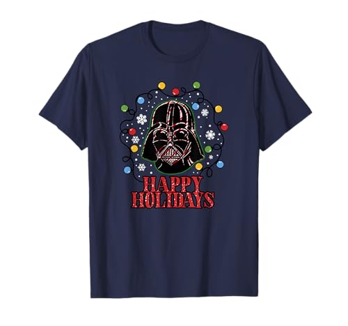 T-shirt Noël Star Wars homme coton noir imprimé Dark Vador guirlande lumineuse festive