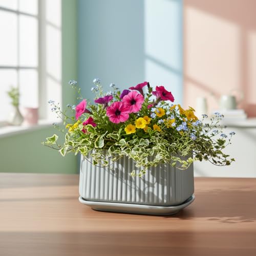 Image of Xtore Ceramic Ribbed Planter with Tray | Matte Finish | for Home & Office Decor - (Pack of 1, Pastel Green, Planter ONLY)