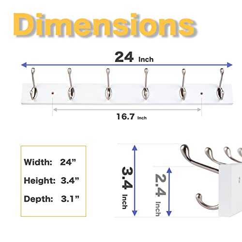 Roorevo Wall Mounted Coat Rack 24 Inches With 6 Hooks - 2 Pack, Wall Coat Hooks Wall Hat Hanger, Satin Nickel & White #TOP4