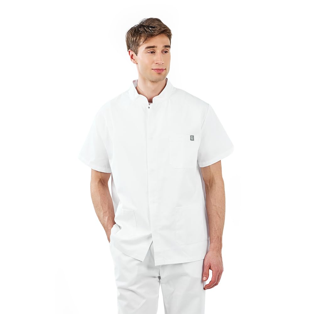 MYLOOKPRO - Tunique Professionnelle Homme Blanche – Blouse Médicale Manches Courtes Polycoton – Col Officier Boutons Pression – 3 Poches – Tenue Infirmier, Laboratoire, Esthétique