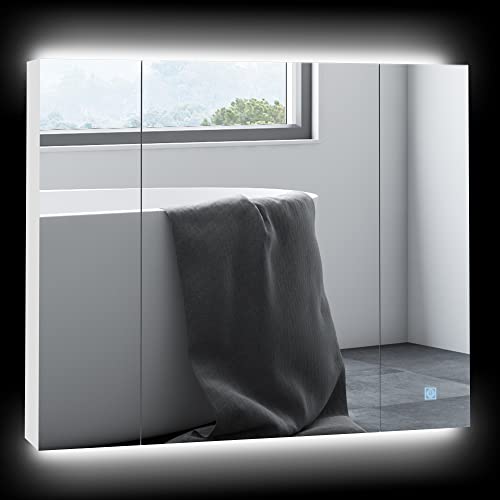 Kleankin Led Medicine Cabinet, 35.5 X 29.5 Wall-Mounted Bathroom Vanity Mirror Organizer With Dimmer Touch Switch, Three Doors, And Usb Charged, White #TOP26