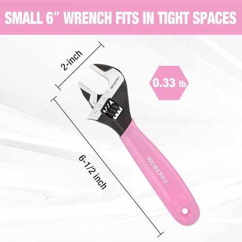 image for WORKPRO 6-Inch Pink Adjustable Wrench, Cr-V Steel, Wide Jaw Black Oxid