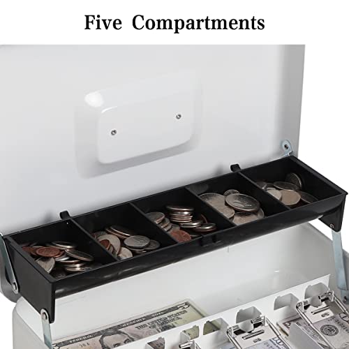 Image of Metal Cantilever Cash Box with Key Lock, Decaller Large Lock Money Box - 5 Compartments & 4 Spring-loaded Clips for Bills, White, 11 4 /5 inch x 9 2 /5 inch x 3 1 /2 inch, QH3010L