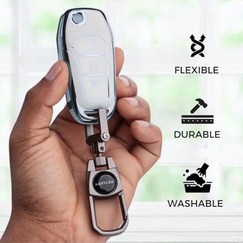 Image of KEYCEPT Silver Line TPU Key Cover Compatible with Ford Figo, Aspire, Endeavour Flip Key 3 Button with Keychain. (Type 2, White)