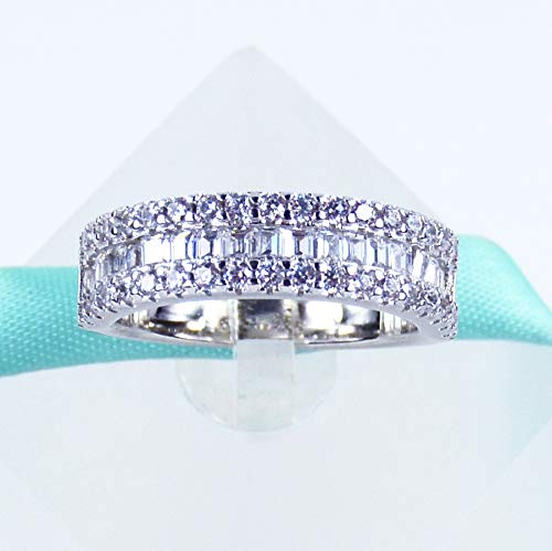 3Rows Simulated Diamond Cubic Zirconia Baguette Round Cut 6MM Women Wedding Band Ring, 925 Sterling Silver