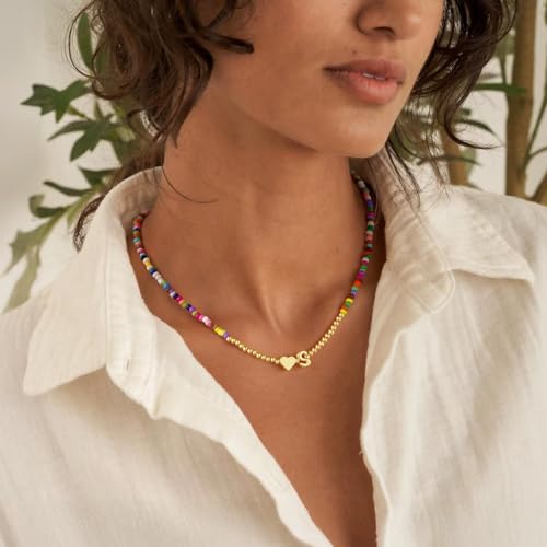 M MOOHAM Heart Initial Necklaces for Girls Women Gifts - Colorful Beaded Tiny Heart Initial Necklace Choker Letter Necklace Jewelry for Teen Girls Trendy Birthday Gifts3