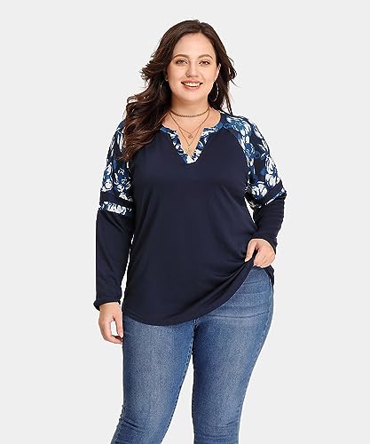 Image of CARCOS Plus Size Tops for Women Long Sleeve Fall Tunic Color Block Camo /Plaid /Leopard /Fall Blouse Crewneck Tshirt XL-5XL