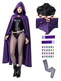 NDJLNZ 6PCS Raven Cosplay Costume Women's Halloween Raven Cosplay with Cape Belt Jumpsuit Tights Purple Uniform Suit (XL)