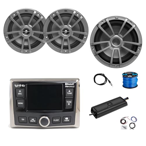 Marine Gauge Style Bluetooth AM/FM/WB Radio, 2X 6.5 180 Watt 2-Way Multi-Element Audio Speakers (Gray), Wire, Antenna, 10