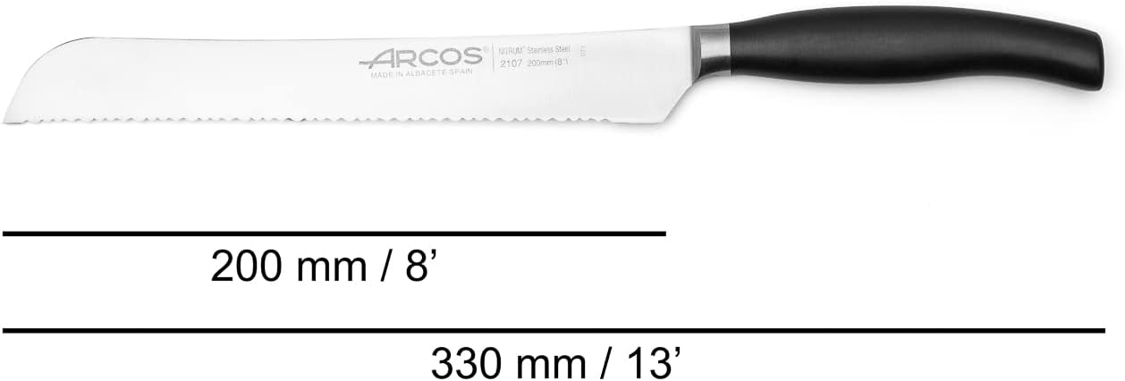 ARCOS Bread Knife 8 Inch Serrated Nitrum Stainless Steel and 200 mm blade. Kitchen Knife. Ergonomic Polyoxymethylene POM Handle. Provides strength and durability in cutting. Series Clara. Color Black.