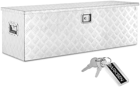 ARKSEN 49 aluminum crossover toolbox showing underbed fit and carrying handles