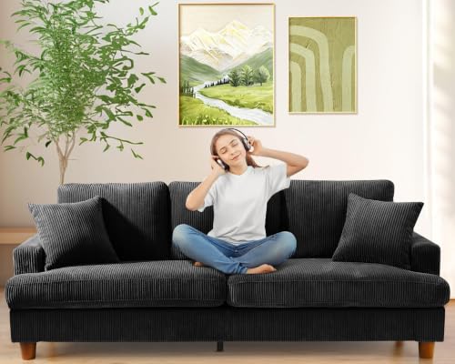 Image of Kidirect 87in Corduroy Couch, 3 Seater Sofa, Sofas & Couches, Black Couch