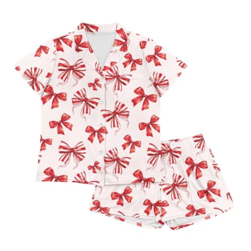 Image of Renewold Button Down Womens Pajama Set Short Sleeve Loungewear Bow Nightwear Sleepwear Night Suit Tops Shorts 2 Pieces
