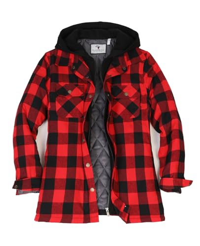 ThCreasa Women's Winter Shacket Quilted Lined Flannel Jacket with Hood & Multi-Pocket Design, Full Zip Plaid Coat
