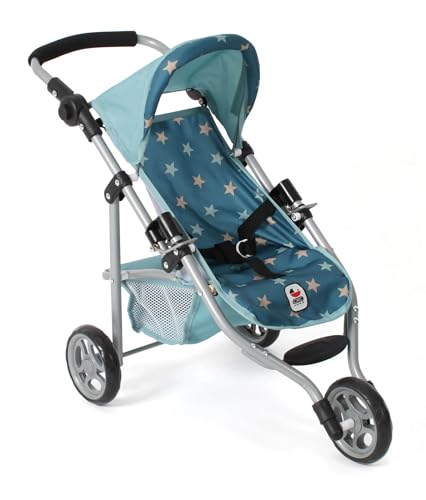 Bayer Chic 2000 - Puppenbuggy Lola, Kinderwagen für Puppen bis ca. 50 cm Größe, Jogging-Buggy, Puppenjogger, Puppenwagen, Sternchen türkis
