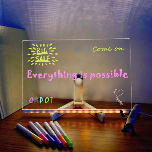 LED Light-Up Acrylic Message Board - Reusable Dry Erase Board With Color Pens (11.8x7.9 Inches)