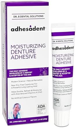 Dr. B Dental Solutions Adhesadent Moisturizing Denture Adhesive - Secure Denture Glue with Strong Grip & Natural Taste - Zinc-Free Dental Adhesive for Dentures, Overdentures - 2.4 oz