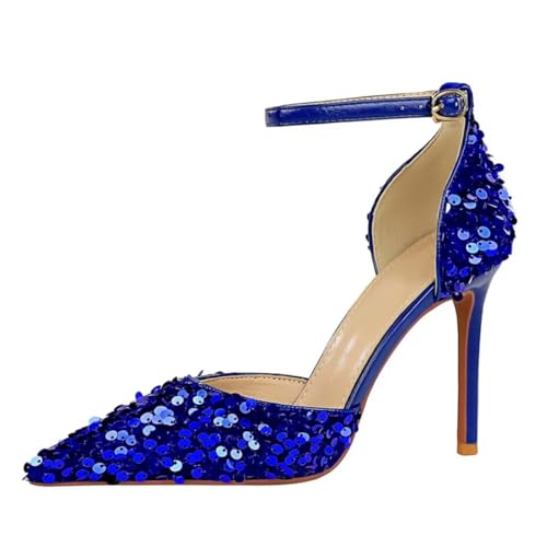 JOEupin Women's Sequin Pumps 4 Inch Pointed Toe Ankle Strap Stiletto Heels Party Wedding Dress Shoes
