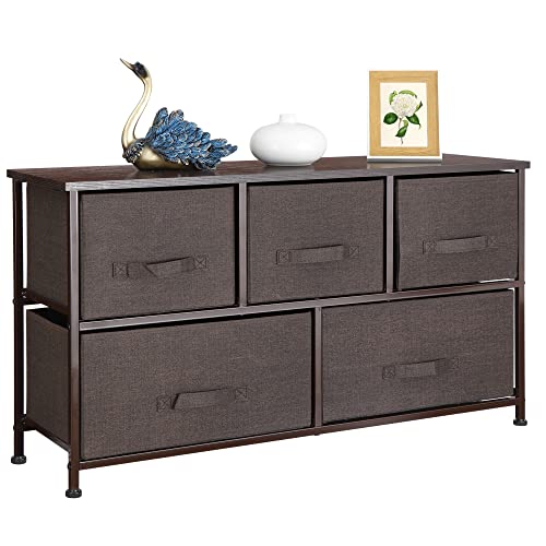 ZENY Extra Wide Dresser Storage Tower - Storage Tower Unit for Bedroom, Hallway, Closet, Office Organization - Steel Frame, Wood Top, Easy Pull Fabric Bins - 5 Drawers