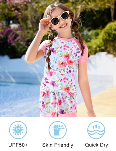 Girls Rash Guard Swimsuit Set 2 Piece Short Sleeve Bathing Suit Beach Swimwear UPF 50+ Sun Proction 3-12 Years3