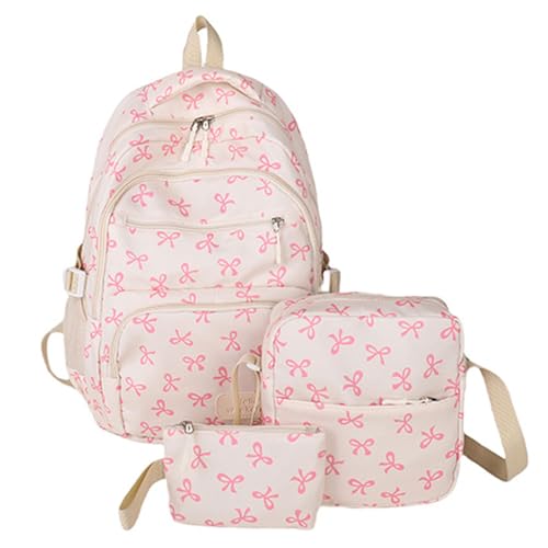 APLUSH 3Pcs Bow Backpack Set,Large Capacity Nylon Material Cute Daypack Set,Aesthetic Bow Rucksack with Built-In Organizer,White 1