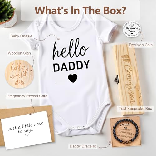 Surprise Pregnancy Announcement For Husband, Pregnancy Reveal Kit Includes Pregnancy Test Box Hello Daddy Baby Bodysuit Pregnancy Reveal Card Daddy Bracelet Decision Coin And Wooden Announcement Signs, Hello Daddy Pregnancy Announcement For Dad