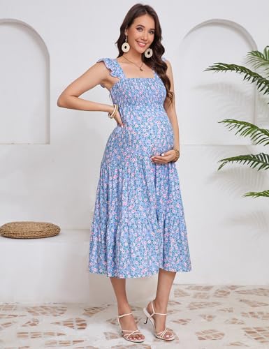 Image of KOJOOIN Womens Maternity Dress Summer Sleeveless Smocked Square Neck Ruffle Casual Boho Midi Dress Baby Shower Photoshoot