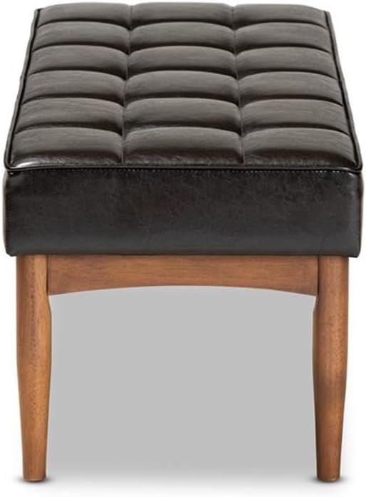 BOWERY HILL Wood Dining Bench, Walnut Brown Finish, Faux Leather Upholstery, 47 in Wide Biscuit Tufted Seat, Mid-Century Modern Style, Padded Seating for Dining Room or Kitchen Nook