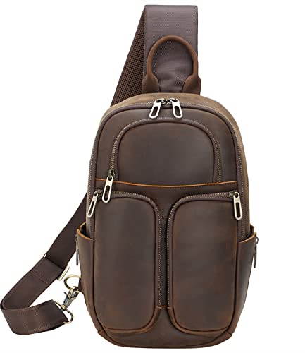 Masa Kawa Full Grain Leather Sling Crossbody Backpack Bags For Men Fits 9.7” Tablet Small Hiking Travel Shoulder Daypack Chest Bag, Vintage Brown #TOP10