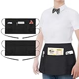 2 Pack Waitress Apron with 3 Pockets - Water & Oil Resistant - Black Waist Aprons for Servers - Half Aprons for Women - 12 Inch