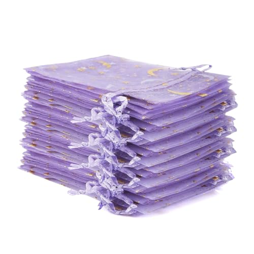 ラッピング袋 ギブト袋 オーガンジー巾着袋 7x9cm 100枚入り 星と月 箔押し 包装 プレゼント ラッピング 小物収納