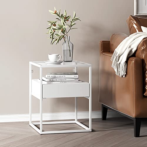 [en.casa] Table D'Appoint Rectangulaire Petite Table Basse Bout de Canapé Acier Laqué Verre Trempé 51 x 40 x 40 cm Blanc Mat