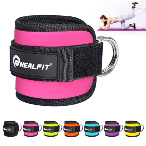 NEALFIT Fußschlaufe Kabelzug, Kickbacks Fußschlaufe, Verstellbarer Fußmanschetten Kabelzug mit Doppelten D-Ringen und Neoprenstütze(Rosa-Einzeln)