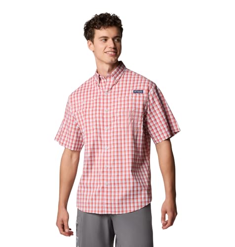 Columbia Men's PFG Super Tamiami Short Sleeve Fishing Shirt, Dusty Crimson Gradient Check, Medium