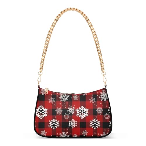 Snowflakes Red Black Checkered Tote Handbags Womens Aesthetic Shoulder Bag Hobo Party Purse Zipper Closure Chain Strap