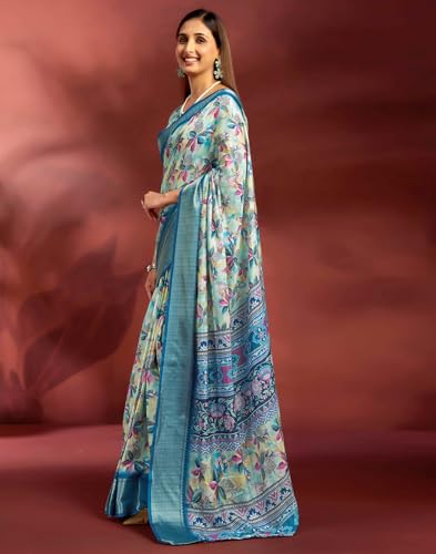 Image of SIRIL Women's Dola Silk Printed Jacquard Border Ready To Wear Saree with Unstitched Blouse Piece