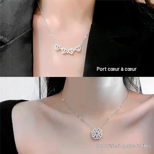 FFWTPY Collier Coeur pour Femme Pendentif Trèfle à Quatre Feuilles Amour Bijoux Plaqué Or Acier Inoxydable d'amour Chaîne pour Saint Valentin Noël Anniversaire Cadeau (Argent) – vue 3