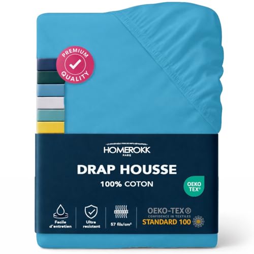 HOMEROKK Drap Housse 160 x 200 x 27+ cm – 100% Coton 57 Fils/cm² – Bonnet Profond pour Matelas Épais – Turquoise