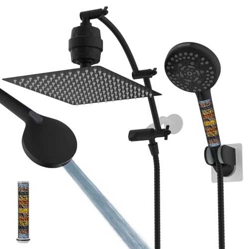 Hibbent All Metal 12'' Filtered Rainfall Shower Head Combo, High Pressure Handheld Shower Head with 16'' Adjustable Arc Extension Arm, 20 Stage Shower Filter, 10-Spray, 71'' Shower Hose, Mat