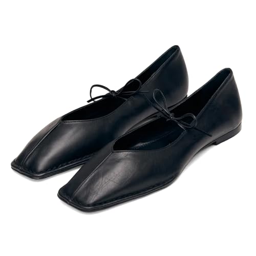 Image of VBDB Black Ballet Flats for Women Square Toe Lace up Wide Width Mary Jane Flats Casual Slip on Ballerina Shoes