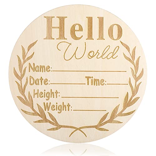 1Pcs Newborn Announcement Sign Hello World Newborn Sign Round Wooden Newborn Baby Birth Announcement Sign Baby Name Announcement Sign For Girl Boy Photo Prop Baby Shower Nursery Gift