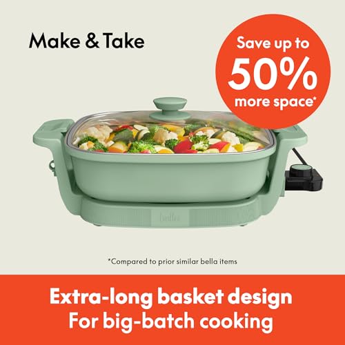 Image of bella Make & Take Electric Skillet, Fits-anywhere kitchenware, EverGood Ceramic Coating, Adjustable Temperature & Dishwasher-Safe Tempered Glass Lid, Cast Aluminum Base, 1200 Watt, Seaglass