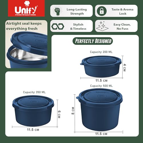 Image of Unify 3 Pieces Stainless Steel Lunch Box | Microwave Safe Leak-Proof Food Storage Containers with Lids for Office, School, Kitchen (Blue, Capacity - 600ml, 400ml, 250ml)