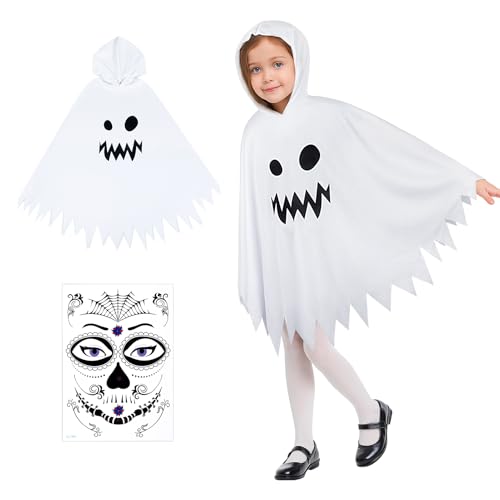 MELLIEX Geist Kostüm Kinder, Weiß Gespenst Kostüm Halloween mit Halloween Tattoo für Mädchen und Jungen