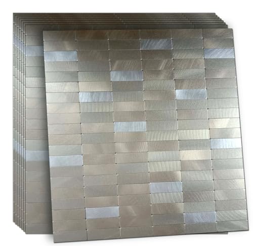 XUANINY Peel and Stick Tile Backsplash Self- Adhesive Wall Tiles Aluminum Mosaic Sticker for Kitchen (11.33"x11.92" Per Sheet, Pack of 8 pcs) (Frosted Champagne+Frosted Silver 8)