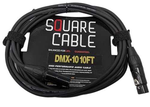 Square Cable Premium Black 3-Pin DMX Male to Female Balanced Cable with with Gold Plated XLR Connectors and Polyethylene Insulation for Stage and Studio Use - 85% Tinned Copper Braid Shield - 10ft