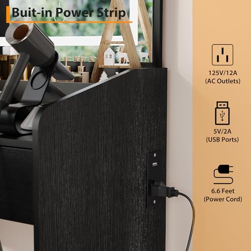 Vanity Desk with LED Lights Mirror & Power Outlet, Makeup Vanity Table with 2 Drawers & Storage Shelves,3 Color Adjustable Brightness,Vanity for Girls Women with Storage Stool for Bedroom,Black