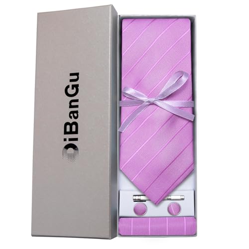 Image of DiBanGu Mens Silk Necktie Solid Color Tie and Pocket Square Cufflink Tie Clip Set Woven Plain Ties for Men Wedding Party