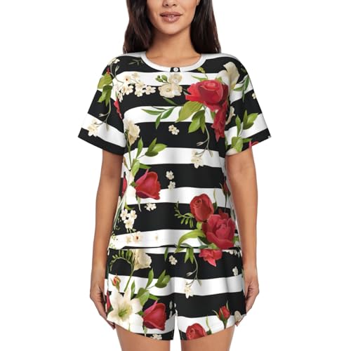 Robe rayures noires et blanches et roses rouges en tissu haut de gamme pour soirée élégante