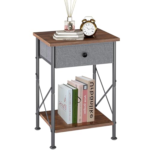 VECELO End Tables, Modern Nightstand with Fabric Drawer & Open Shelf, Night Stand for Bedroom Living Room, Industrial Metal Frame, Easy Assembly, Vintage Brown,1 Pack